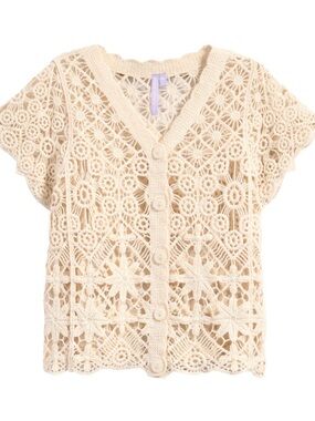 Girls' Crochet Button-Front Top - Cream